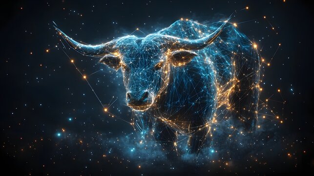 A mesmerizing digital depiction of a bull, rendered in a constellation-like style against a cosmic backdrop. Animal star constellation. Sky zodiac horoscope background