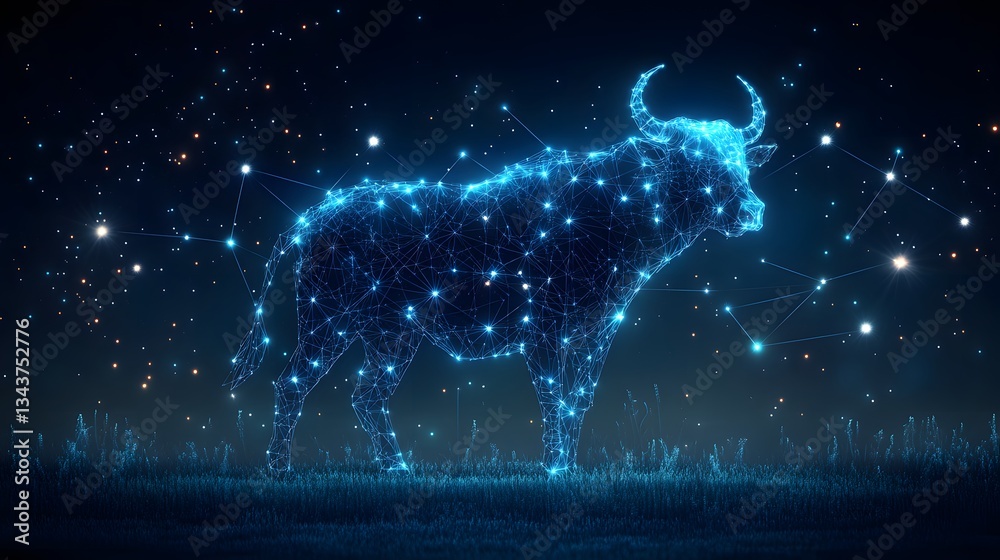 Poster a digital art depicting taurus constellation as a luminous bull standing in a field under a starry n