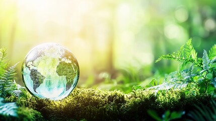 Eco-friendly globe inside a glass sphere floating on green moss, with a logo for global environmental protection in a serene natural setting. Symbolizes sustainability and ecological awareness.