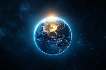 Naklejka premium the sun rises over the glowing curve of Earth casting golden light on continents in deep space 