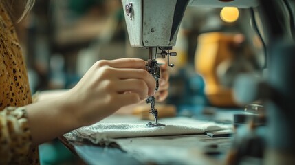 Hands of a woman working on a sewing machine, showing the process of creating a garment, great for fashion blogs, sewing guides or textile ads.