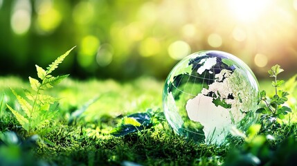 Eco-friendly globe inside a glass sphere floating on green moss, with a logo for global environmental protection in a serene natural setting. Symbolizes sustainability and ecological awareness.