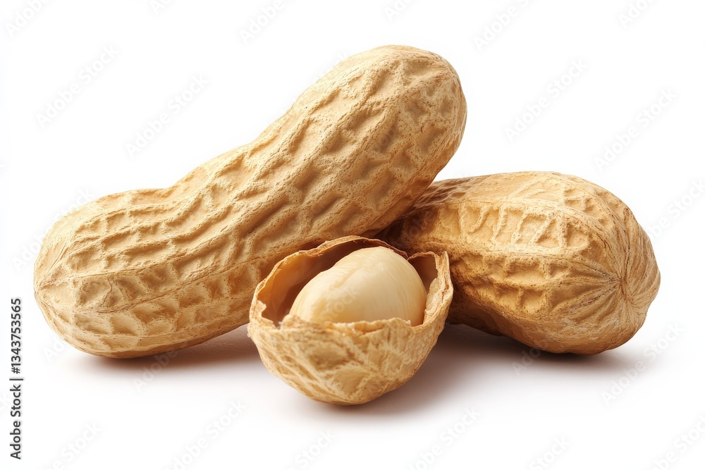 Poster peanuts in their shells with one revealed kernel on a clean white background