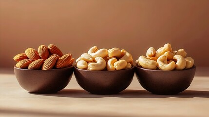 Three bowls of nuts are arranged on a table