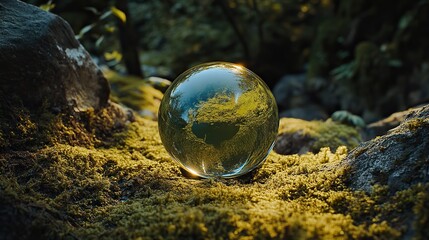 Eco-friendly globe inside a glass sphere floating on green moss, with a logo for global environmental protection in a serene natural setting. Symbolizes sustainability and ecological awareness.