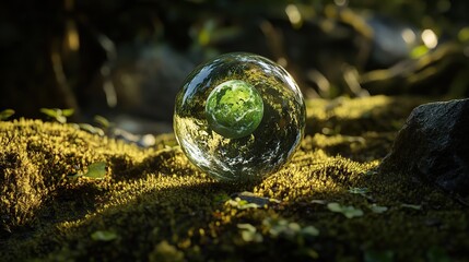 Eco-friendly globe inside a glass sphere floating on green moss, with a logo for global environmental protection in a serene natural setting. Symbolizes sustainability and ecological awareness.