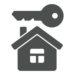House and key solid icon, housing market concept. Vector graphics. Real estate cottage building sign on white background, glyph style icon for mobile or web design.