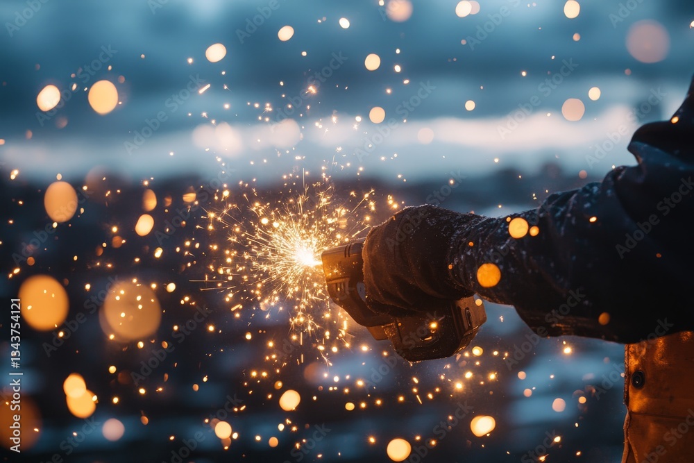 Poster Craftsman creates sparks in urban setting during dusk while using a power tool for a construction project