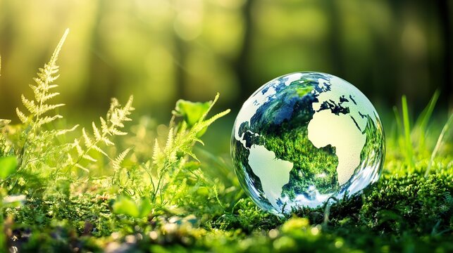 Eco-friendly globe inside a glass sphere floating on green moss, with a logo for global environmental protection in a serene natural setting. Symbolizes sustainability and ecological awareness.