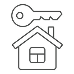 House and key thin line icon, housing market concept. Vector graphics. Real estate cottage building sign on white background, outline style icon for mobile or web design.