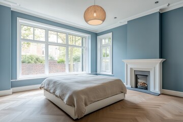 Fototapeta premium Modern Bedroom with Large Windows and Fireplace, Interior Design
