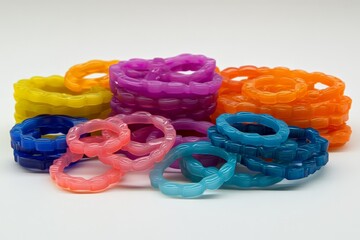 Fototapeta premium Colorful silicone bracelets in various shapes and sizes arranged on a white surface