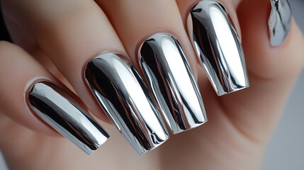 9. Chrome silver gel nails reflecting a mirror-like shine