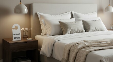Bedroom with Cozy Bed Nightstand and Do Not Disturb Sign