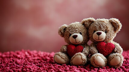 Obraz premium Adorable Teddy Bears with Hearts Romantic Couple Soft Toy Closeup