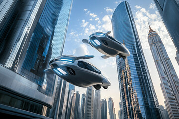 Futuristic Future World with Advanced Flying Vehicle Over Modern City Skyline at Sunset, Generative AI