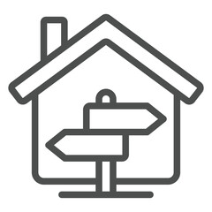 House and directions pointer pole line icon, housing market concept. Vector graphics. Cottage building and signboard sign on white background, outline style icon for mobile or web design.