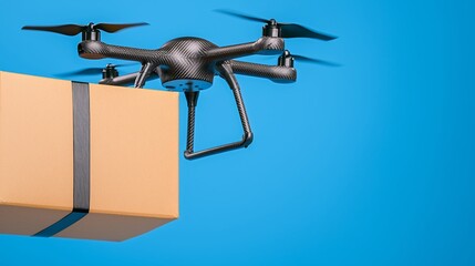 Drone Carrying Package Against Blue Background