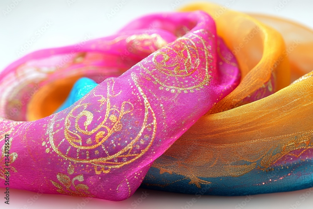 Poster Colorful silk scarf with intricate patterns displayed in close-up for textile enthusiasts and fashion lovers
