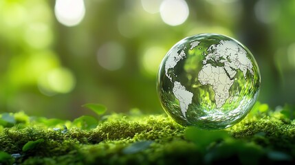 Eco-friendly globe inside a glass sphere floating on green moss, with a logo for global environmental protection in a serene natural setting. Symbolizes sustainability and ecological awareness.