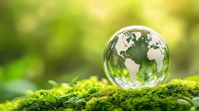 Eco-friendly globe inside a glass sphere floating on green moss, with a logo for global environmental protection in a serene natural setting. Symbolizes sustainability and ecological awareness.