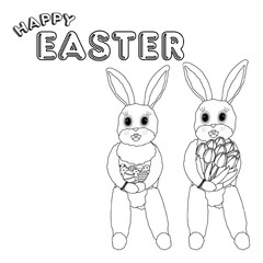 Black and white Easter coloring page featuring two Easter bunnies, one holding decorated Easter eggs and the other a bouquet of tulips. Perfect for kids, crafts and greeting card.