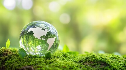 Eco-friendly globe inside a glass sphere floating on green moss, with a logo for global environmental protection in a serene natural setting. Symbolizes sustainability and ecological awareness.