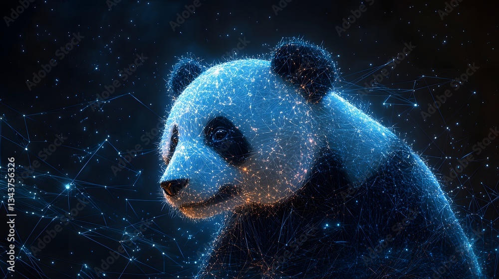 Poster a digital art piece showcasing a panda bear rendered in a network of glowing lines against a starry 