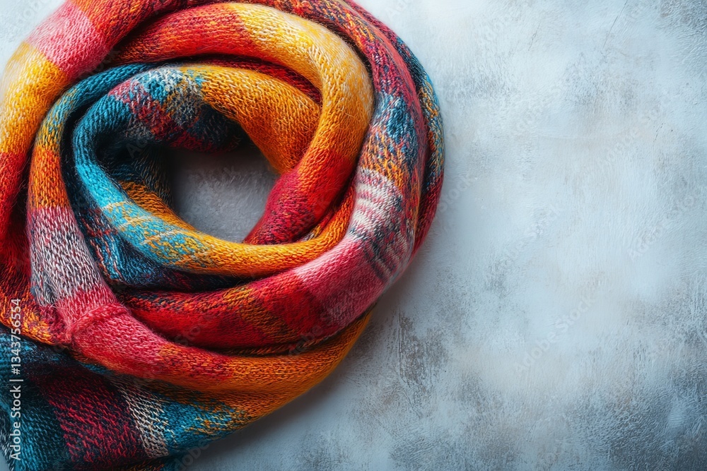Poster Colorful knitted scarf displayed on a textured background, showcasing intricate patterns and warm tones