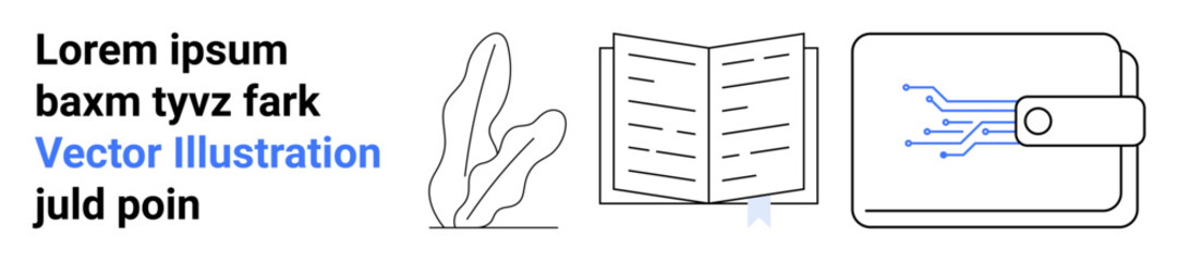 Digital wallet with circuit-inspired design, open book with lines of text, decorative plant element. Ideal for fintech, finance, technology, digital transformation, learning, education simple