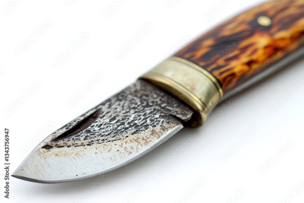 Poster detailed view of an antique folding knife with ornate handle and patterned blade