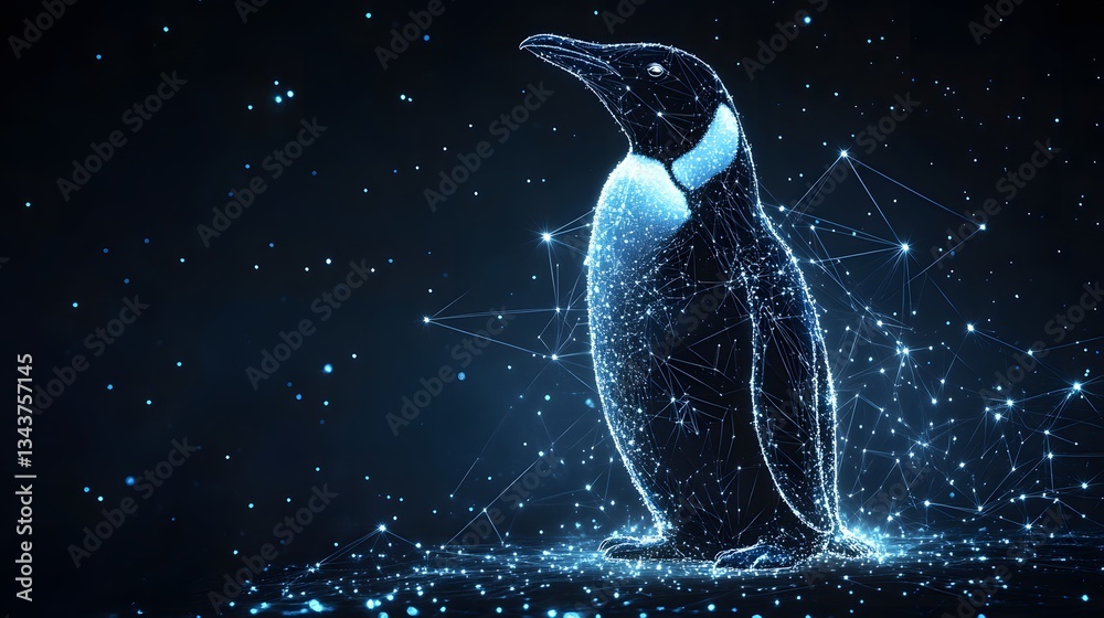 Poster a stylized digital celestial penguin, rendered in glowing connected lines and points. the dark backg