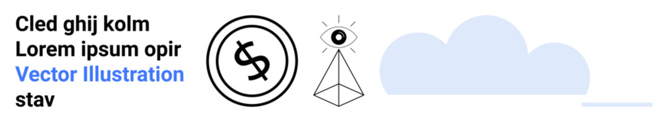 Dollar coin with minimalist lines, pyramid topped with eye, abstract cloud shape. Ideal for finance, spirituality, vision, geometry, branding technology and conceptual design. Abstract line flat