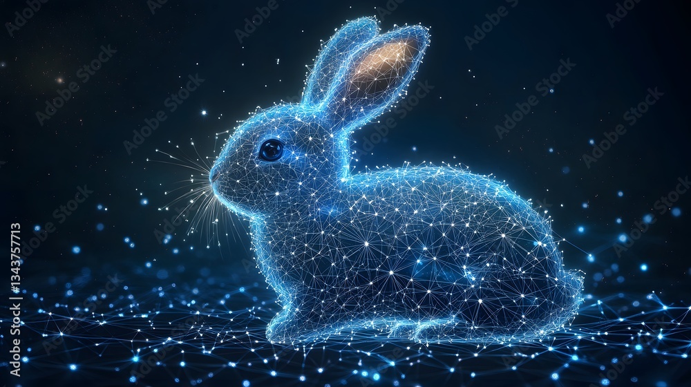 Poster A digital rabbit, rendered in a futuristic, glowing style. Lines and light create depth and movement. Ethereal and modern. Animal star constellation. Sky zodiac horoscope background