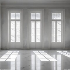 Fototapeta premium A white room with three windows and white doors