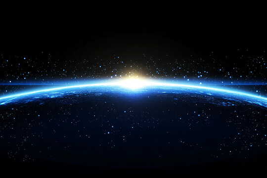 A sunrise over the Earth from space with glowing blue light and a starry background symbolizing new beginnings and technology
