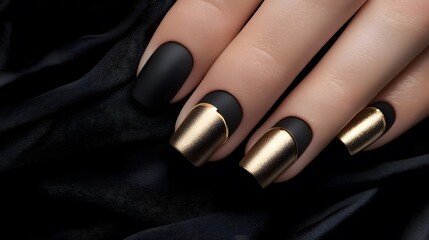 2. Matte black gel nails with gold foil accents
