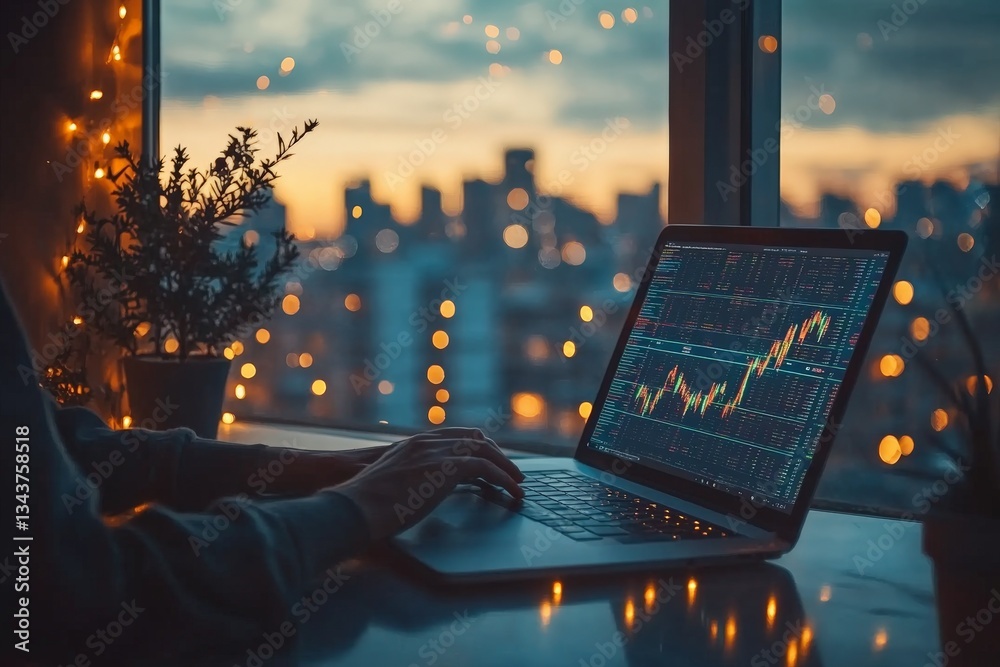 Poster Nighttime trading session with laptop displaying stock market data and city skyline in the background