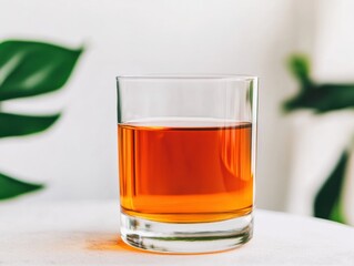 A clear glass filled with rich amber liquid sits on a table, surrounded by green leaves, evoking a tranquil and refreshing atmosphere.