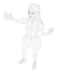 A woman is standing in a white background with her arms outstretched. She is reaching out to someone or something. The image has a sense of loneliness and longing