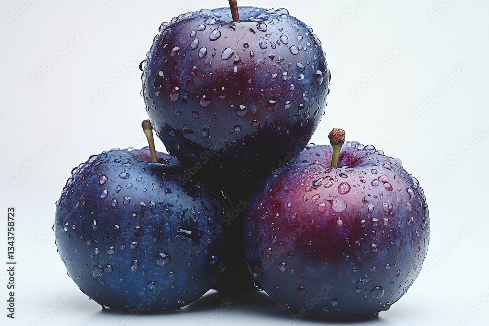 Poster fresh plums with water droplets stacked on a white background showcasing their vibrant colors and ju