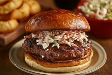 Delicious grilled burger topped with creamy coleslaw served on a toasted bun at a cozy restaurant during lunchtime