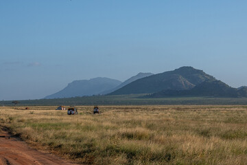 samochody z turystami na safari, Czerwona droga biegnąca przez sawannę w Park Narodowy Tsavo i rezerwat wzgórz Taita, Kenia, Afryka © Kamil_k2p