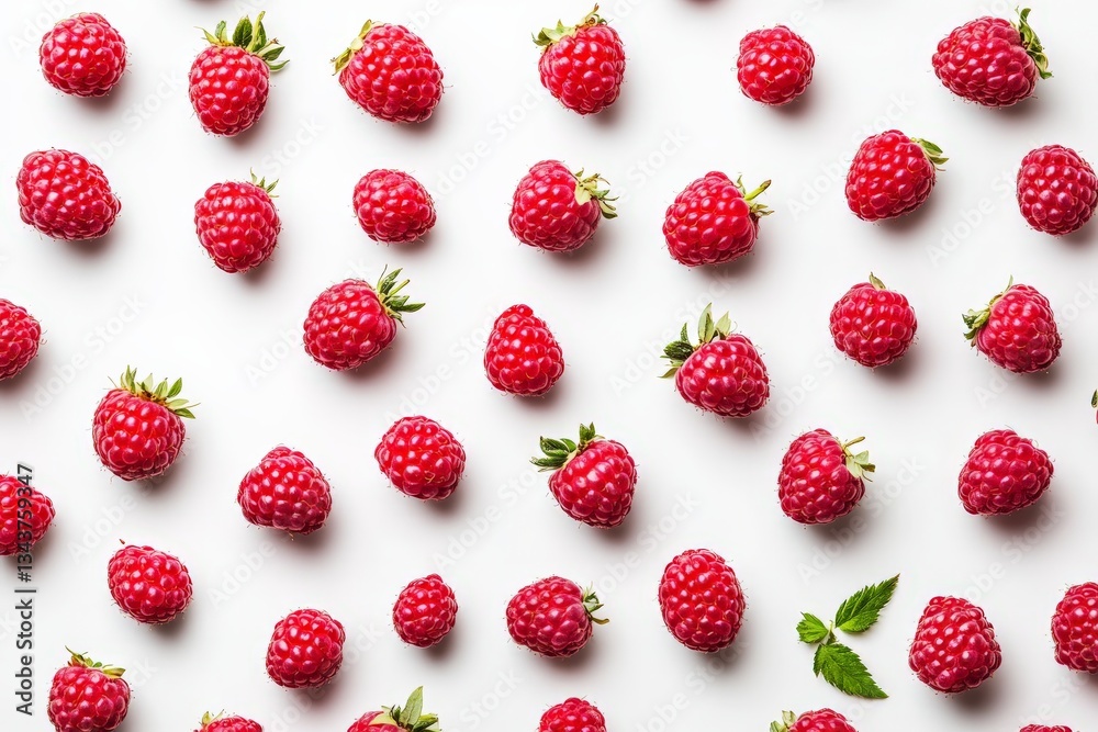 Poster Fresh red raspberries scattered on a light background creating a vibrant and appealing display