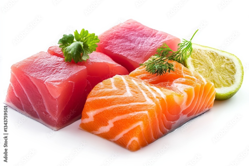 Aufkleber colorful assortment of fresh fish fillets displayed with herbs and lime in a minimalistic presentati