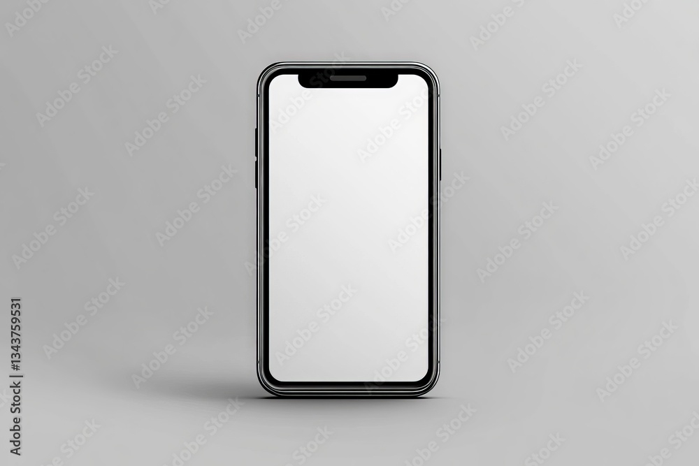 Poster modern smartphone design showcasing a sleek black frame and blank screen against a minimalist gray b