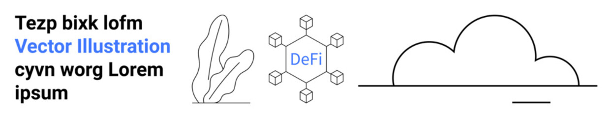 Blockchain network with DeFi label, geometric nodes, dynamic lines, and abstract plant and cloud. Ideal for finance, blockchain, environment, technology, sustainability innovation simple landing