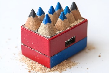 Colorful pencils arranged in a red and blue sharpener with shavings scattered around
