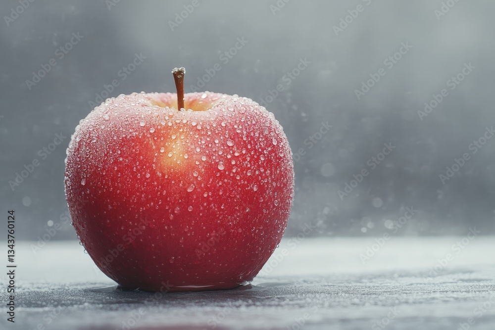 Aufkleber fresh red apple with water droplets on a grey surface in a well-lit kitchen setting