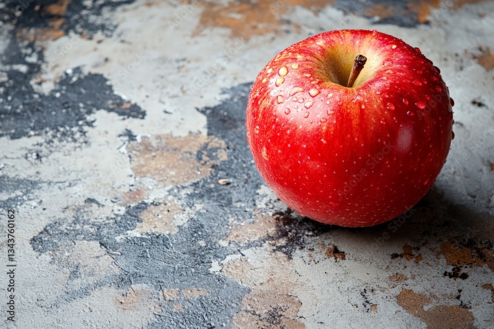 Aufkleber Fresh red apple with water droplets on a textured surface in natural light